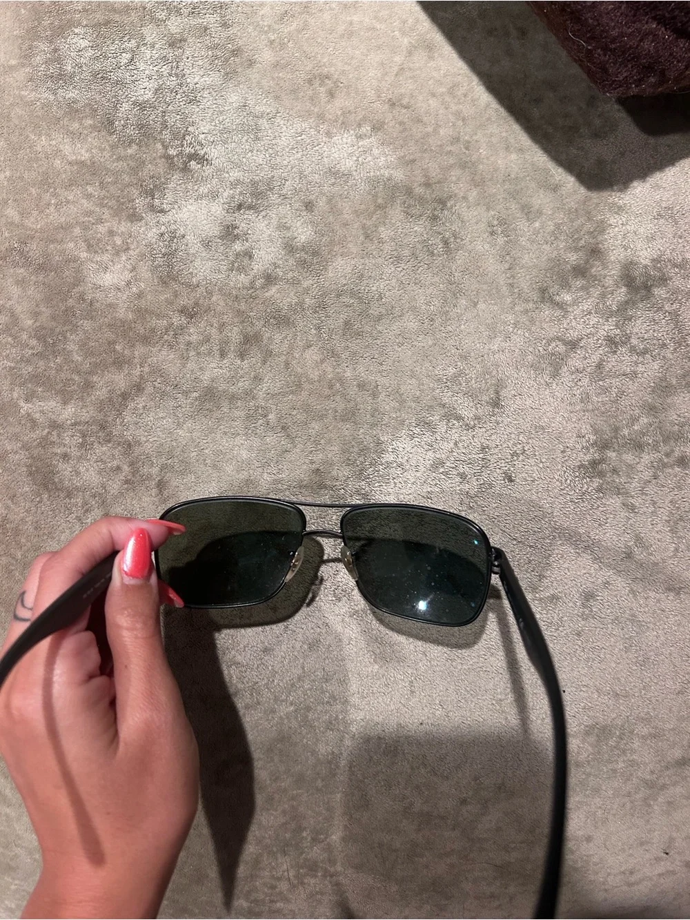 Ray-Ban Black Rectangular Metal Sunglasses with Dark Green Lenses